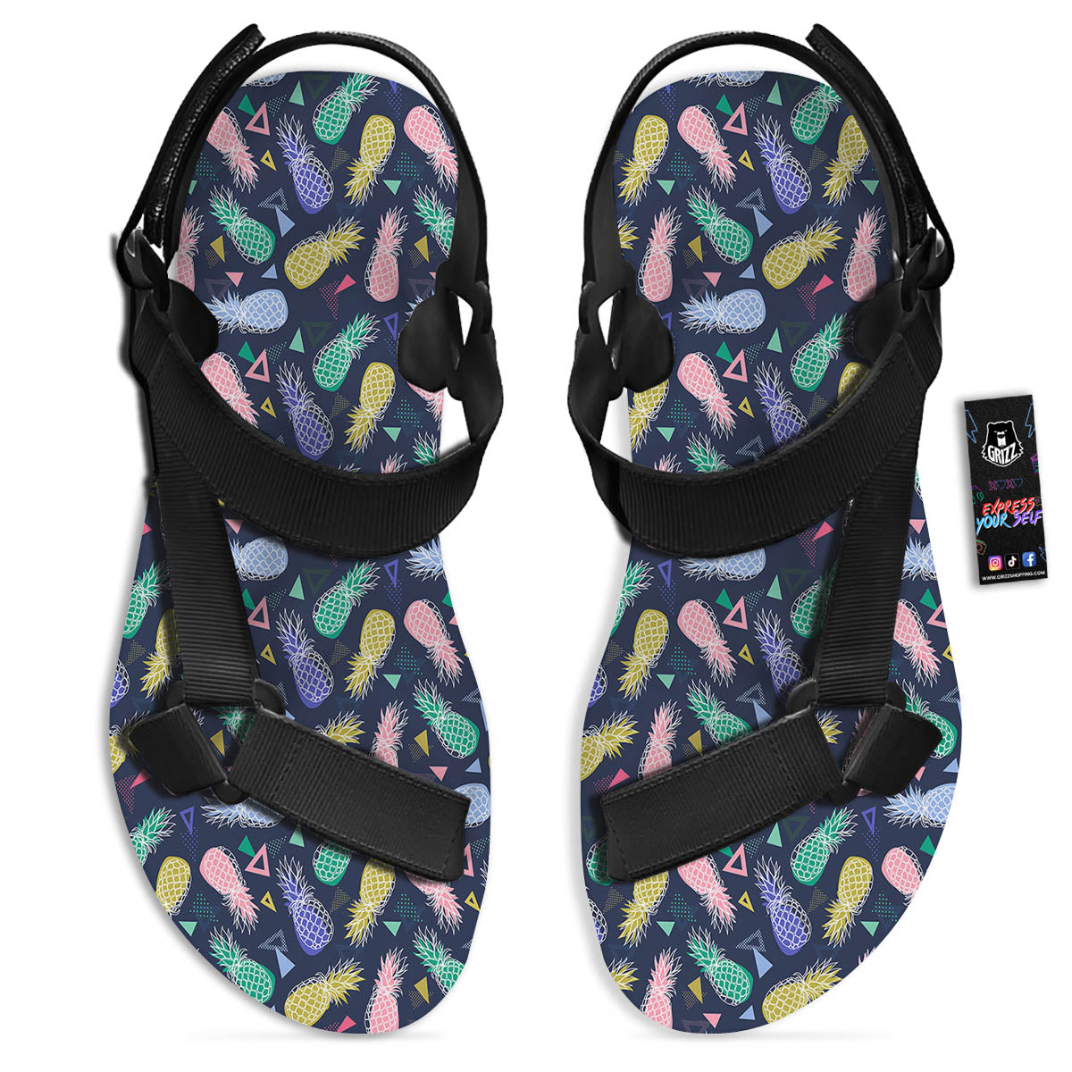 Pineapple Colorful Print Pattern Black Open Toe Sandals-grizzshop