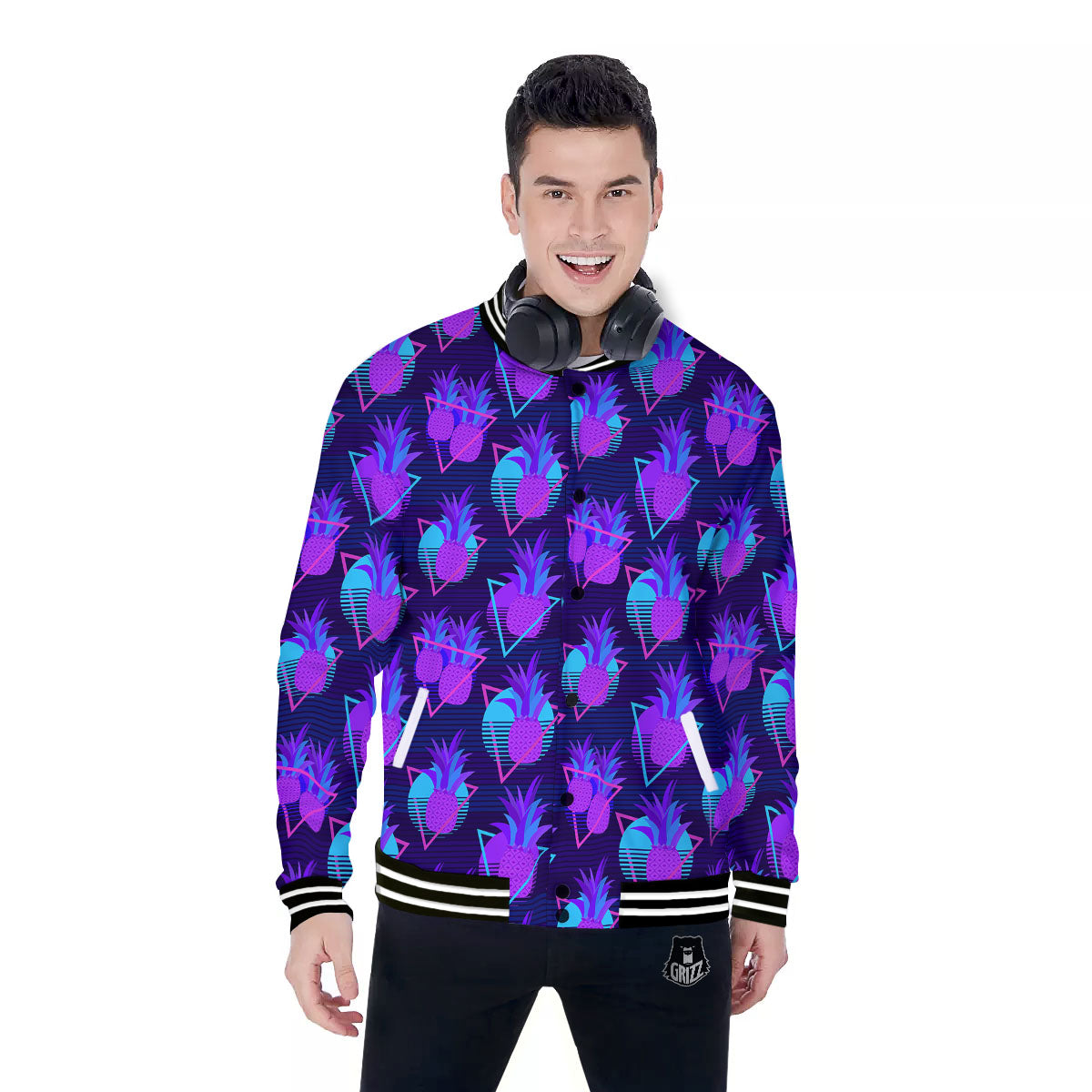 Pineapple EDM Purple Print Pattern Baseball Jacket-grizzshop