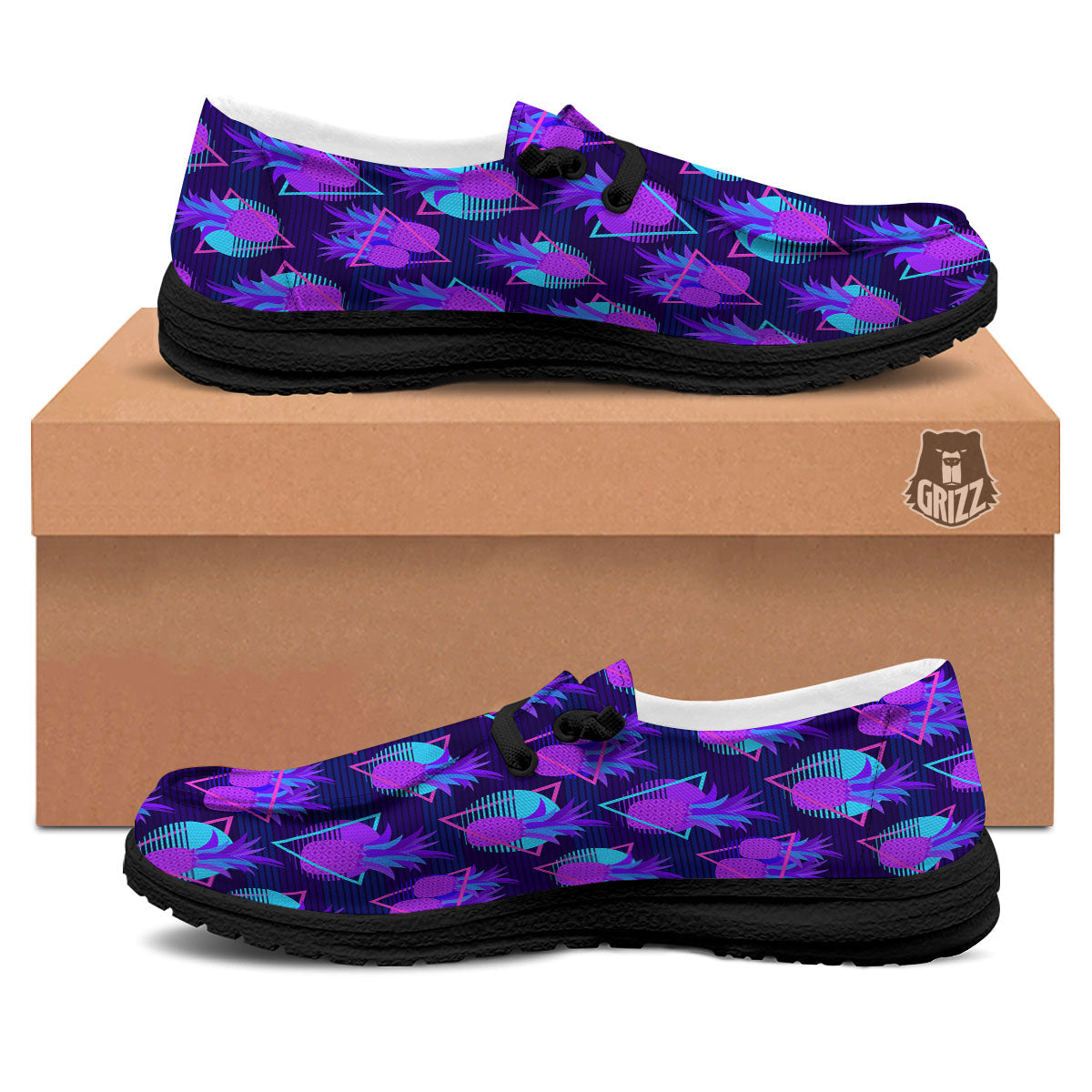 Pineapple EDM Purple Print Pattern Black Loafers-grizzshop