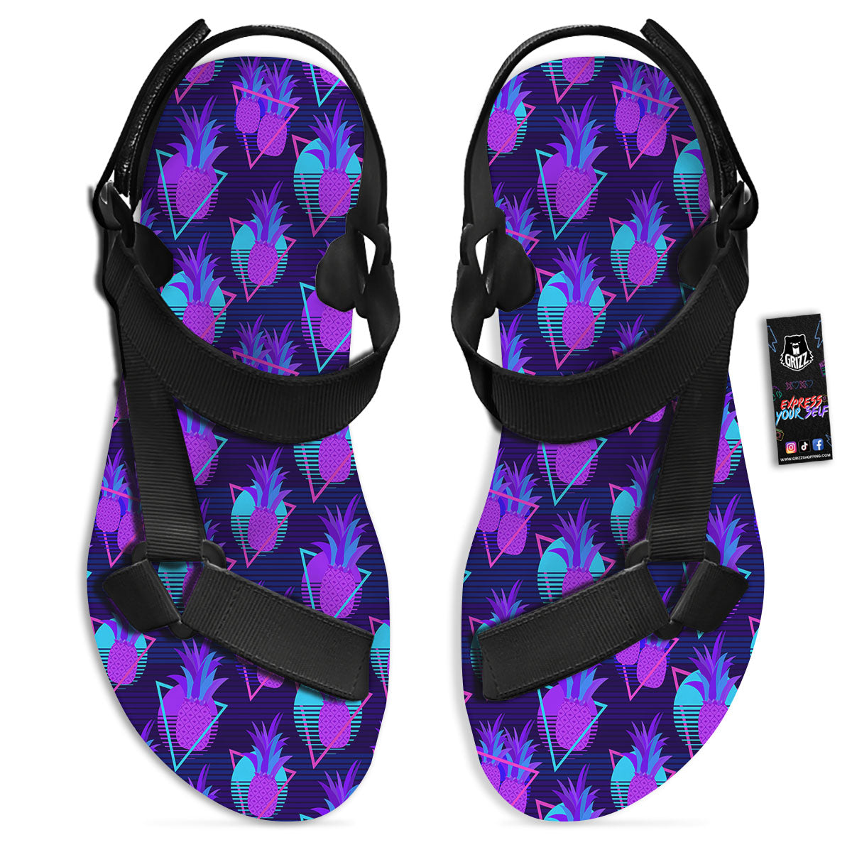 Pineapple EDM Purple Print Pattern Black Open Toe Sandals-grizzshop