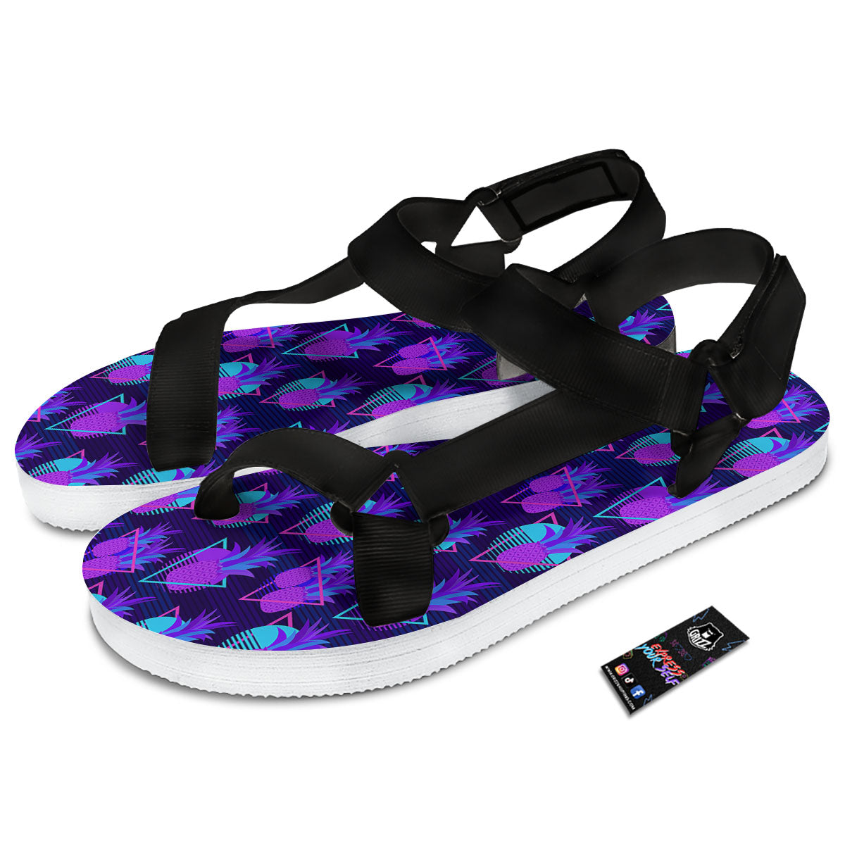 Pineapple EDM Purple Print Pattern Black Open Toe Sandals-grizzshop