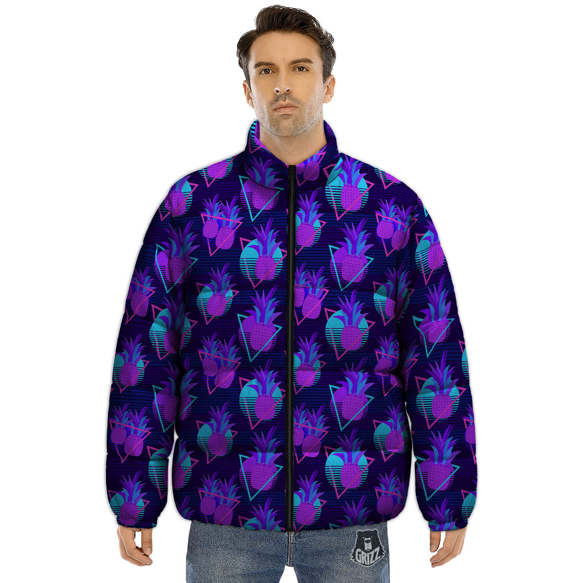 Pineapple EDM Purple Print Pattern Puffer Jacket-grizzshop