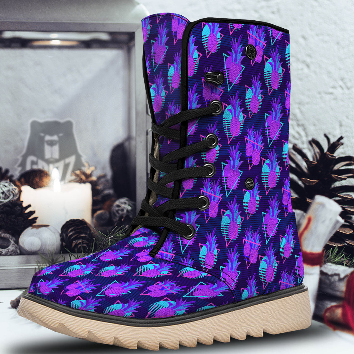 Pineapple EDM Purple Print Pattern Snow Boots-grizzshop