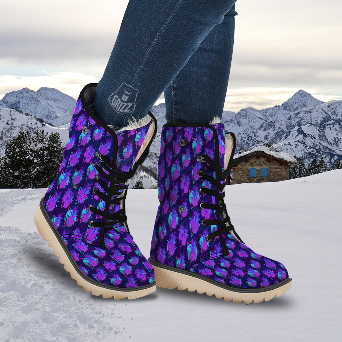 Pineapple EDM Purple Print Pattern Snow Boots-grizzshop