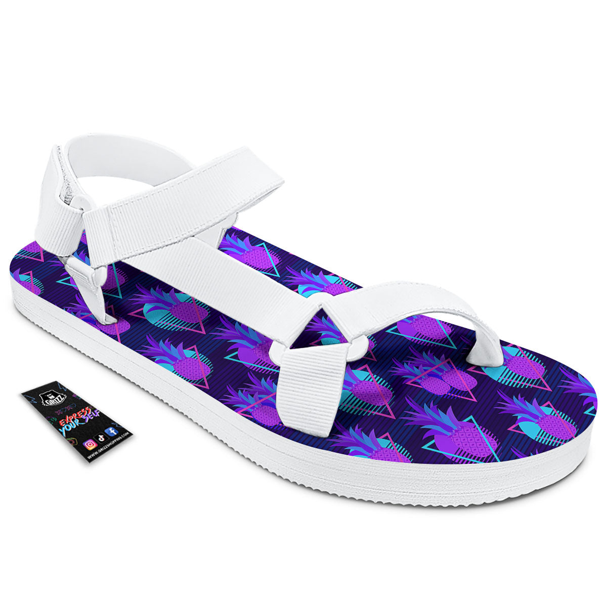 Pineapple EDM Purple Print Pattern White Open Toe Sandals-grizzshop