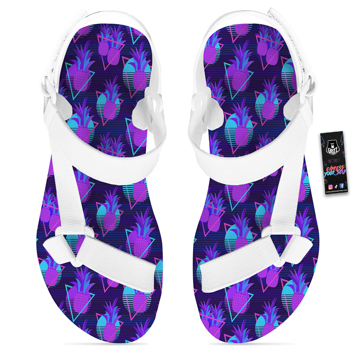 Pineapple EDM Purple Print Pattern White Open Toe Sandals-grizzshop