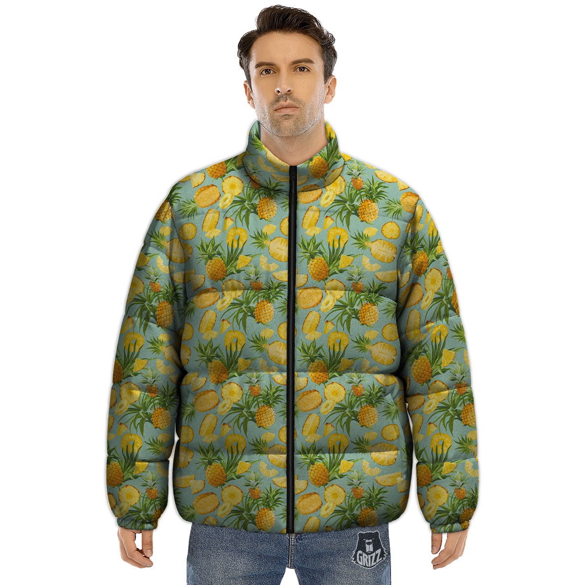 Pineapple Exotic Tropical Print Pattern Puffer Jacket-grizzshop