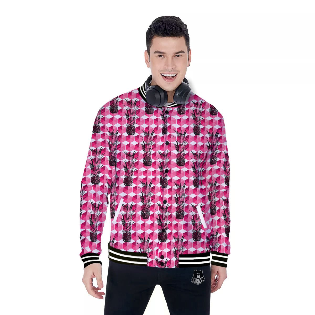 Pineapple Geometric Print Pattern Baseball Jacket-grizzshop