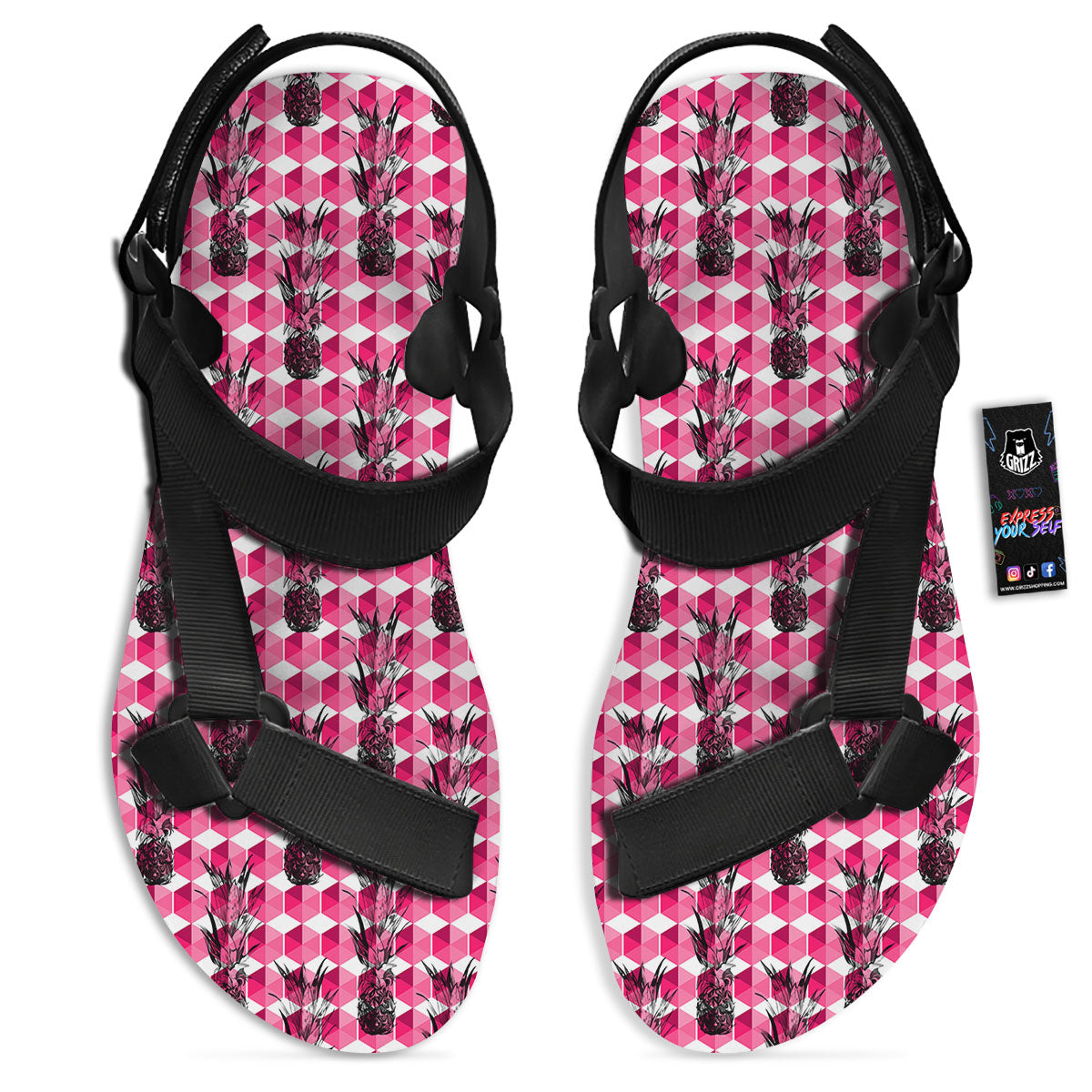 Pineapple Geometric Print Pattern Black Open Toe Sandals-grizzshop