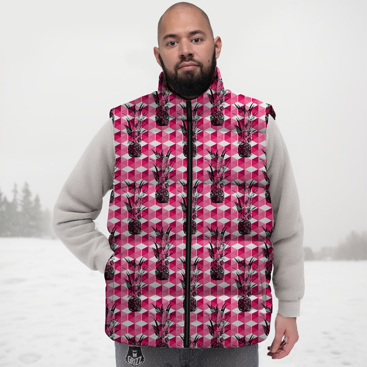Pineapple Geometric Print Pattern Down Vest-grizzshop