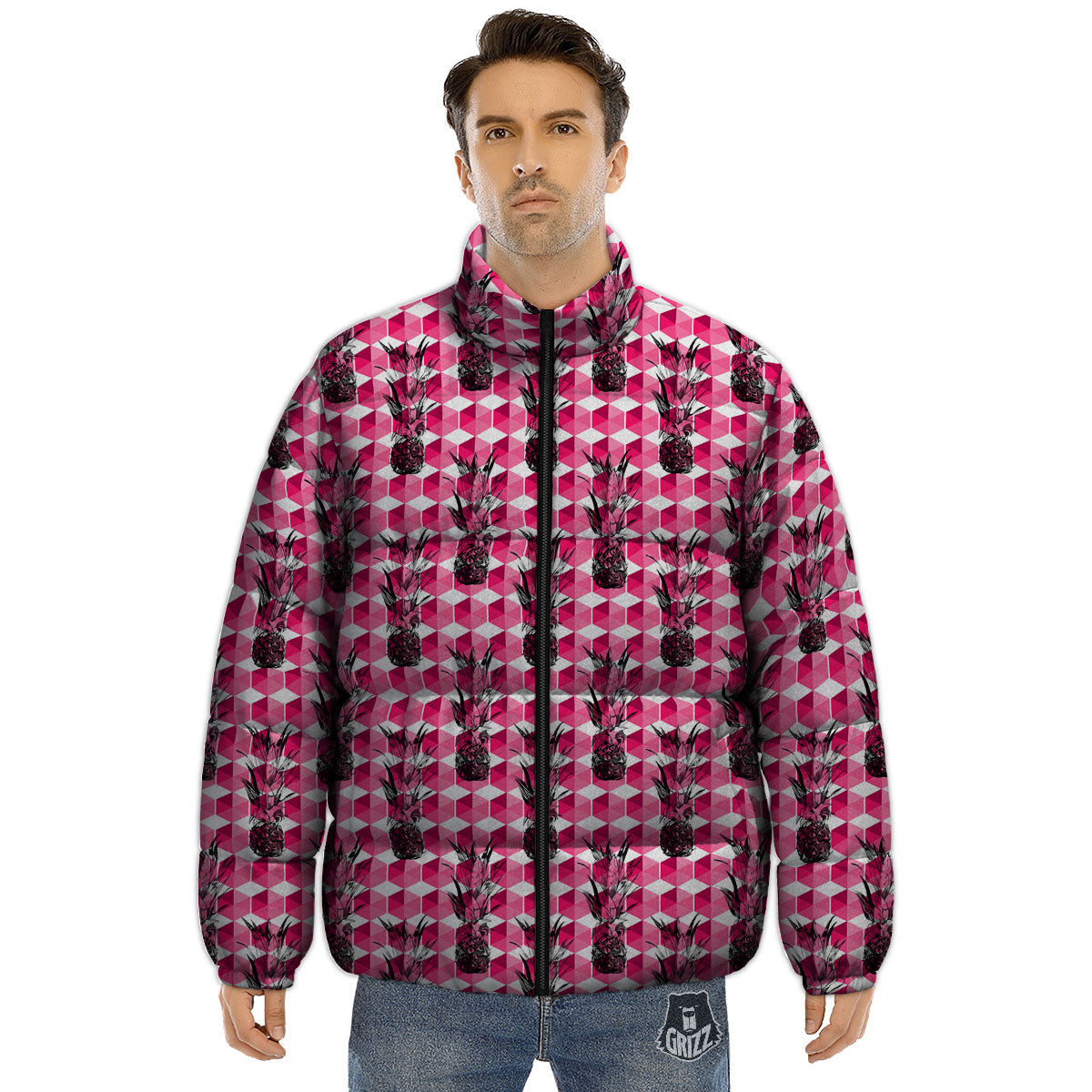Pineapple Geometric Print Pattern Puffer Jacket-grizzshop