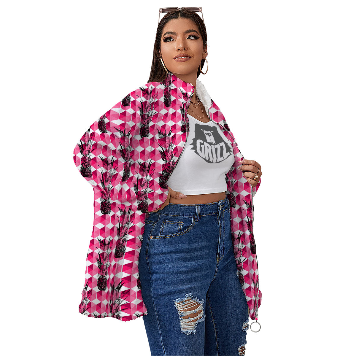 Pineapple Geometric Print Pattern Women's Sherpa Jacket-grizzshop