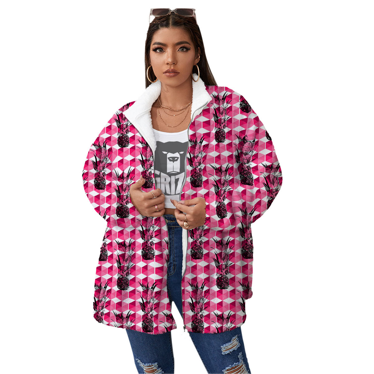 Pineapple Geometric Print Pattern Women's Sherpa Jacket-grizzshop