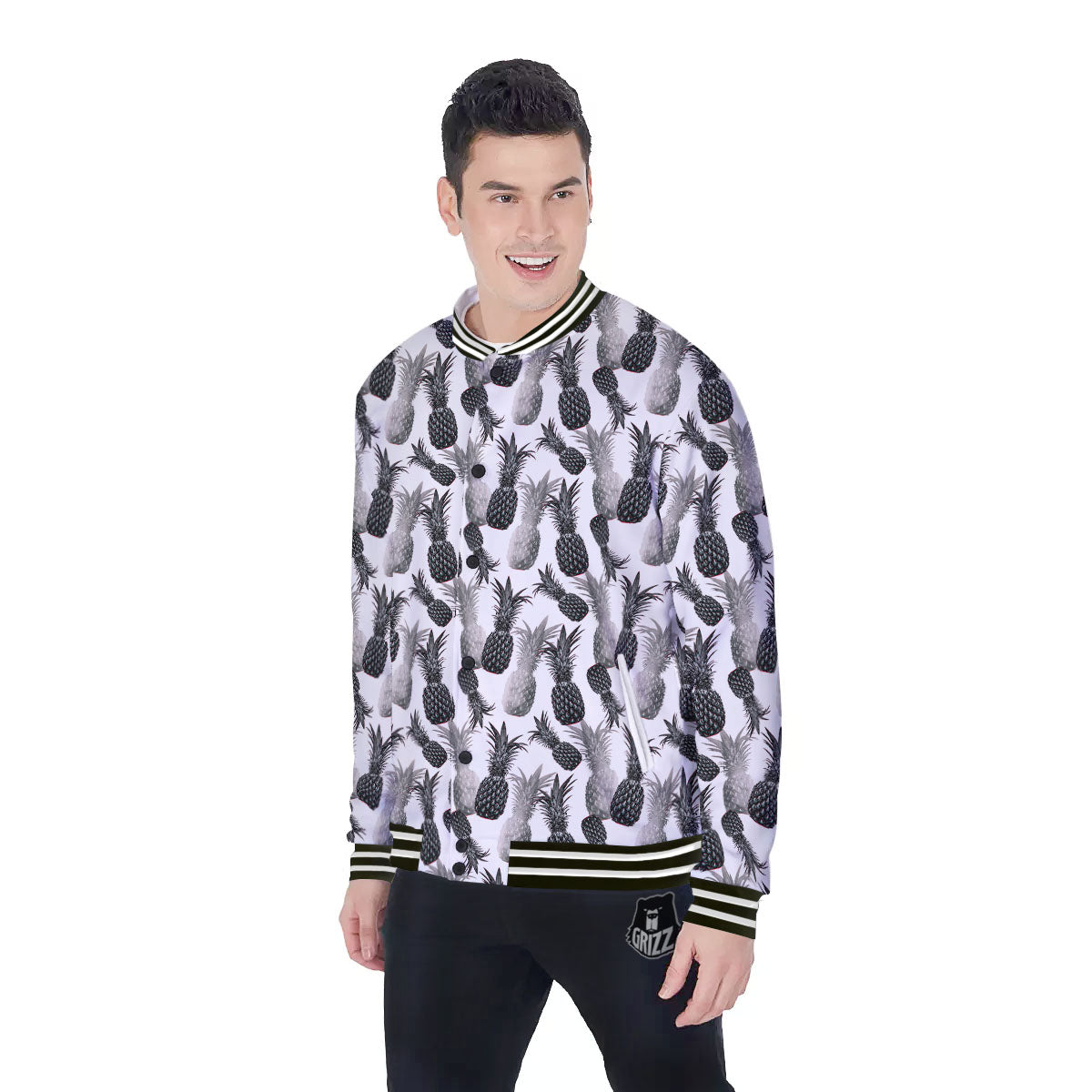 Pineapple Grey Watercolor Print Pattern Baseball Jacket-grizzshop