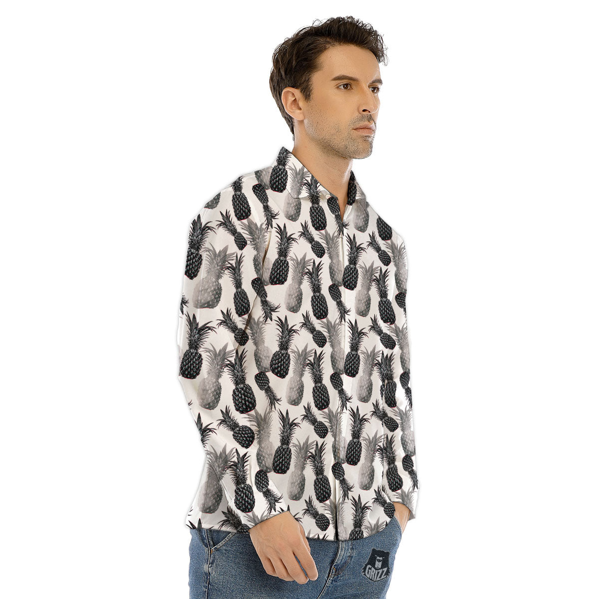 Pineapple Grey Watercolor Print Pattern Men's Dress Shirts-grizzshop