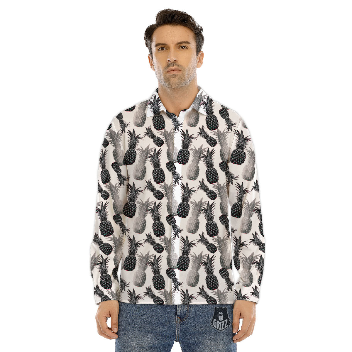 Pineapple Grey Watercolor Print Pattern Men's Dress Shirts-grizzshop