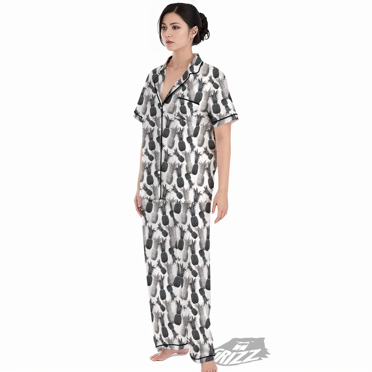 Pineapple Grey Watercolor Print Pattern Women's Pajamas Set-grizzshop