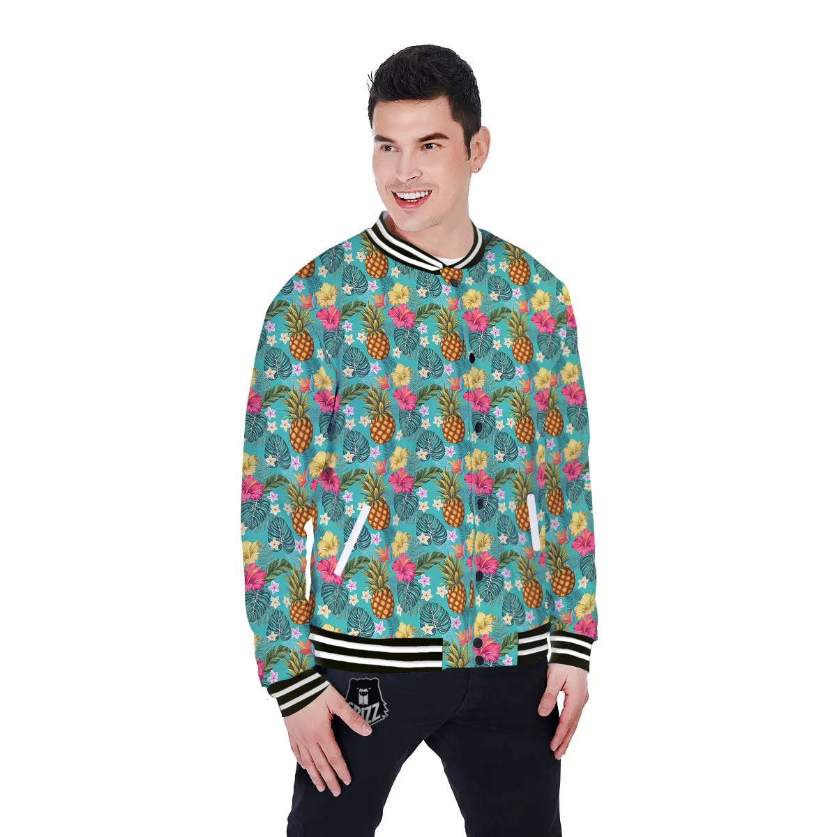 Pineapple Hawaii Hibiscus Print Pattern Baseball Jacket-grizzshop