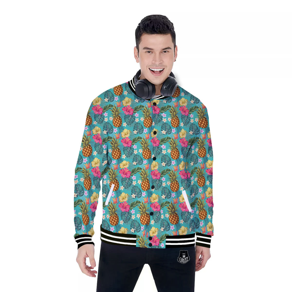 Pineapple Hawaii Hibiscus Print Pattern Baseball Jacket-grizzshop