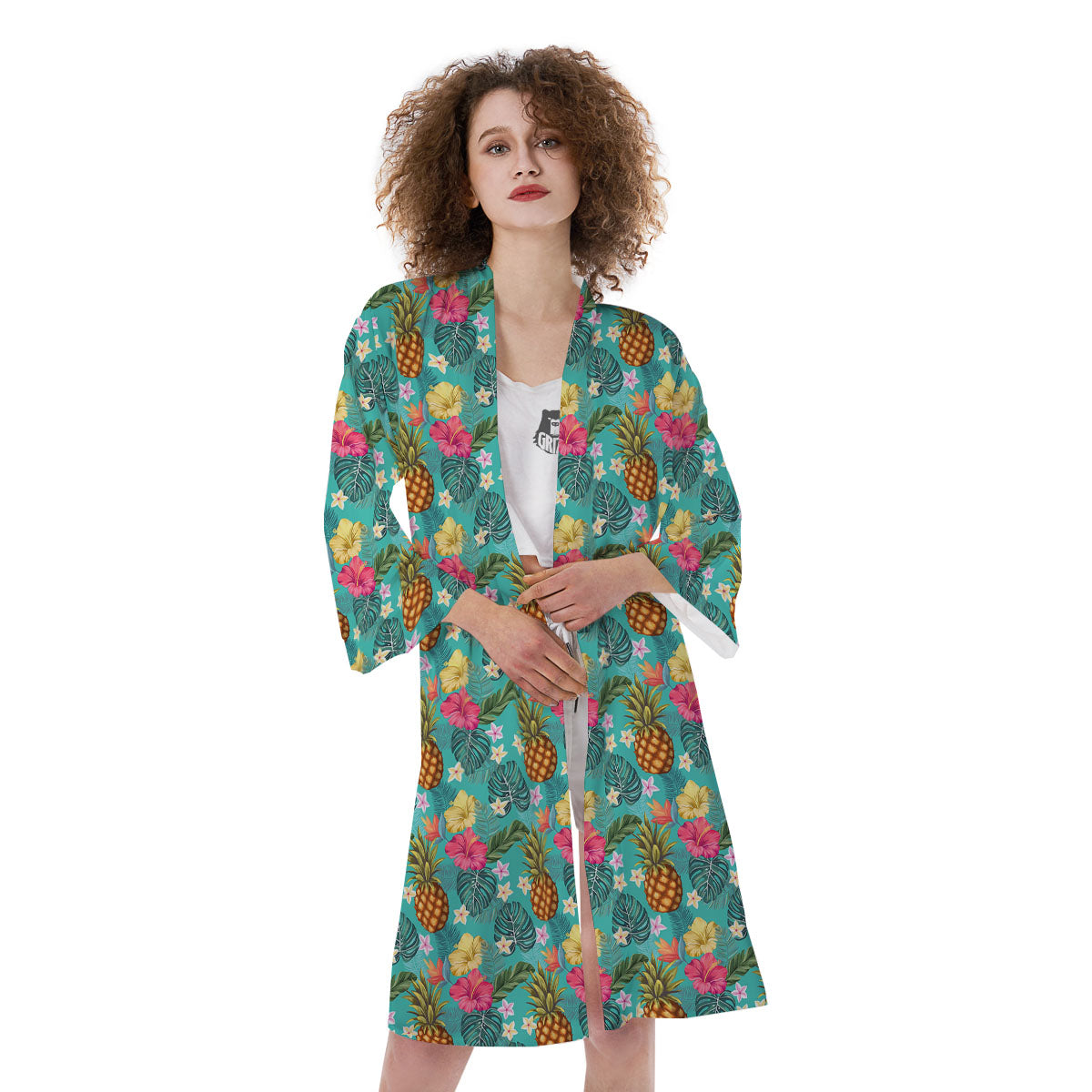 Pineapple Hawaii Hibiscus Print Pattern Kimono-grizzshop