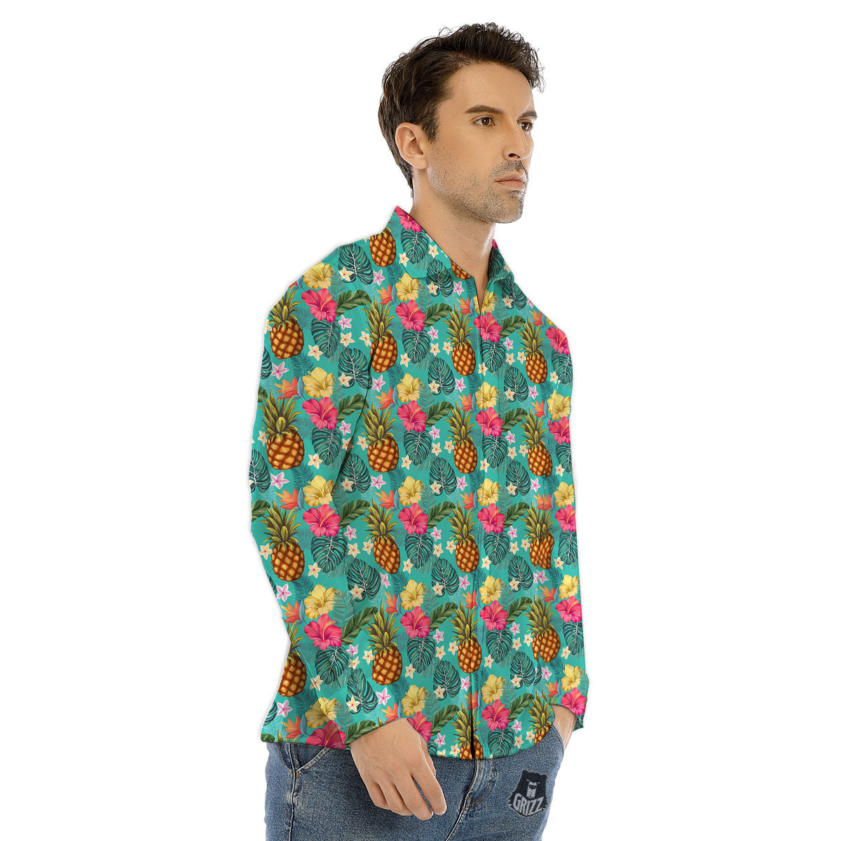 Pineapple Hawaii Hibiscus Print Pattern Men's Dress Shirts-grizzshop