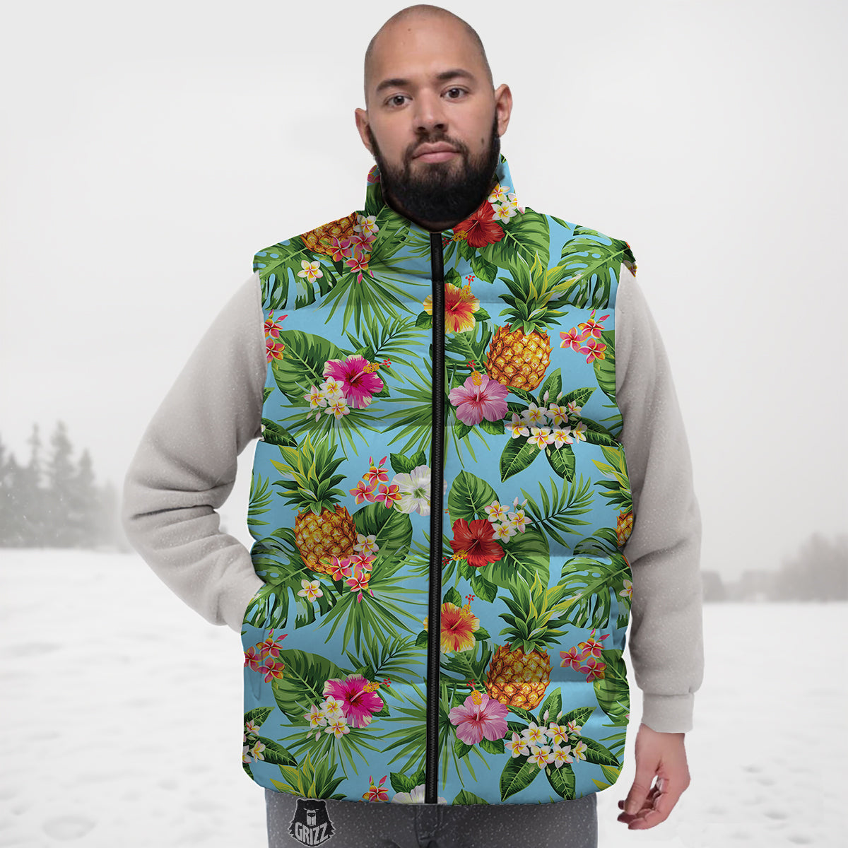 Pineapple Hawaii Tropical Print Pattern Down Vest-grizzshop