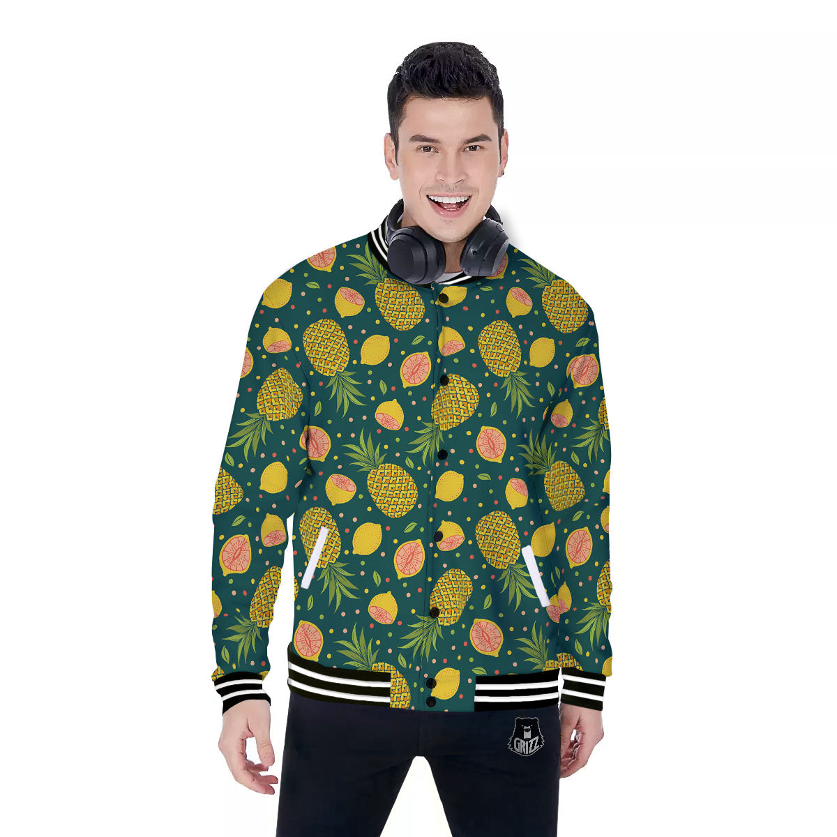 Pineapple Hawaiian Lime Print Pattern Baseball Jacket-grizzshop