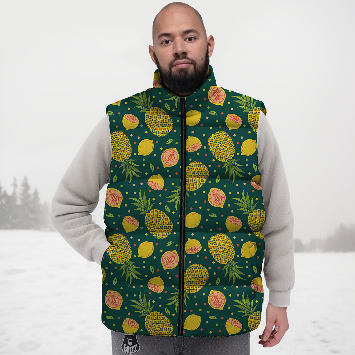 Pineapple Hawaiian Lime Print Pattern Down Vest-grizzshop