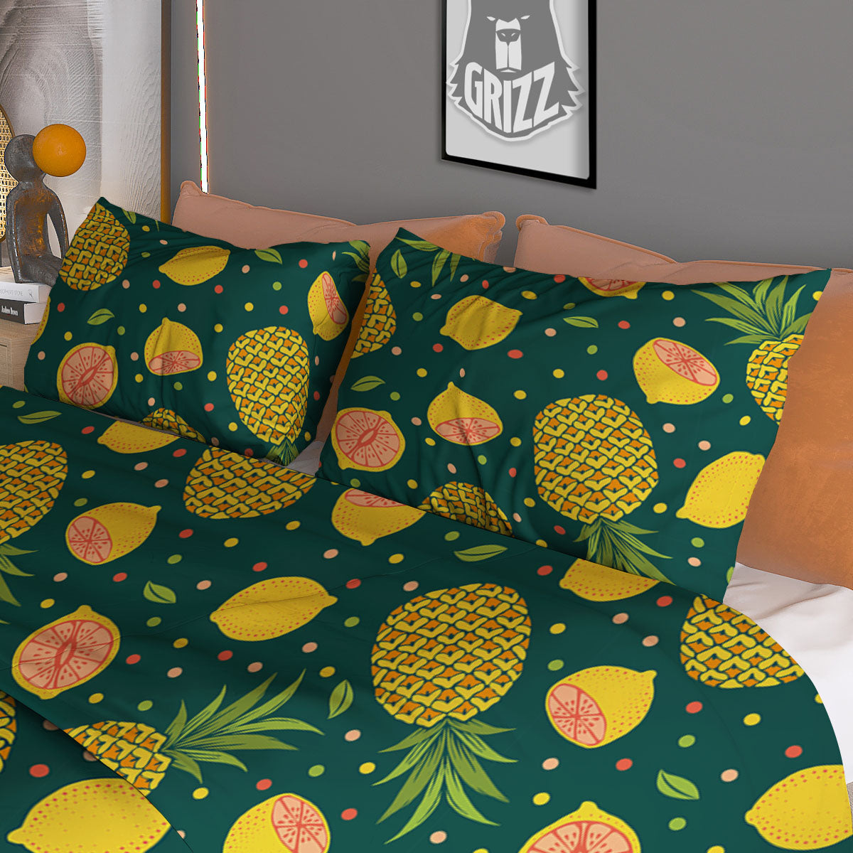 Pineapple Hawaiian Lime Print Pattern Duvet Cover Bedding Set