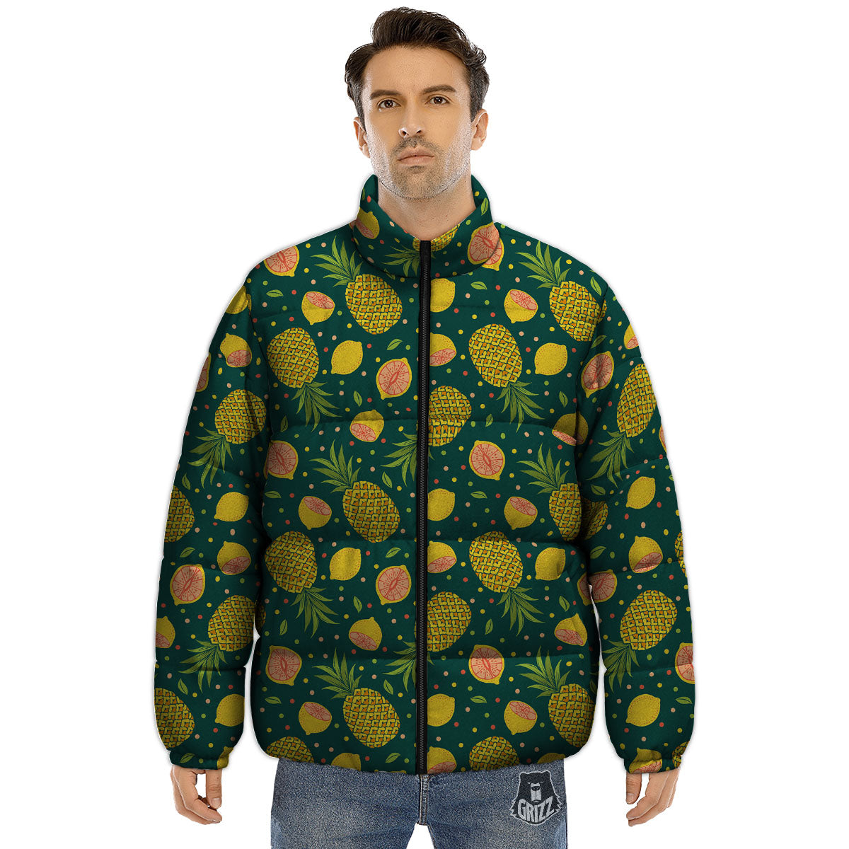 Pineapple Hawaiian Lime Print Pattern Puffer Jacket-grizzshop