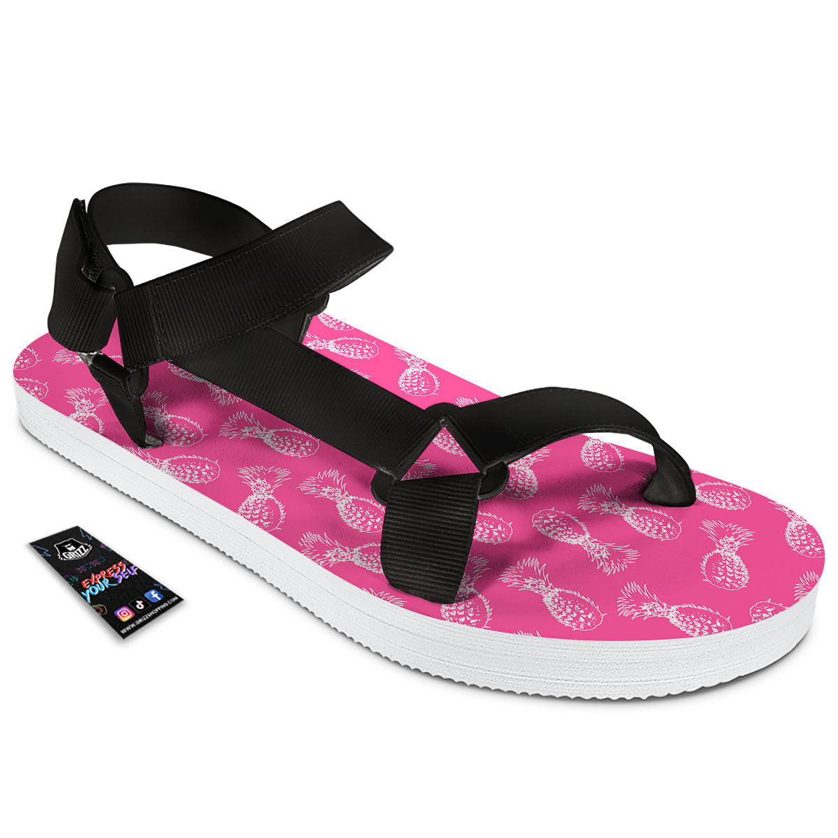 Pineapple Hot Pink Print Pattern Black Open Toe Sandals-grizzshop