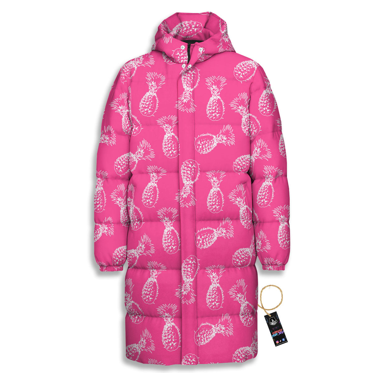 Pineapple Hot Pink Print Pattern Long Down Jacket-grizzshop