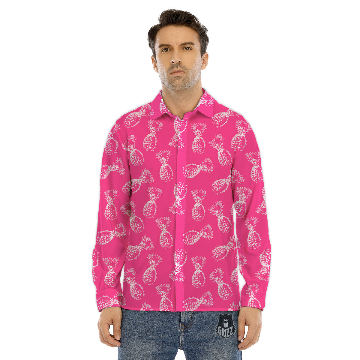 Pineapple Hot Pink Print Pattern Men's Dress Shirts-grizzshop