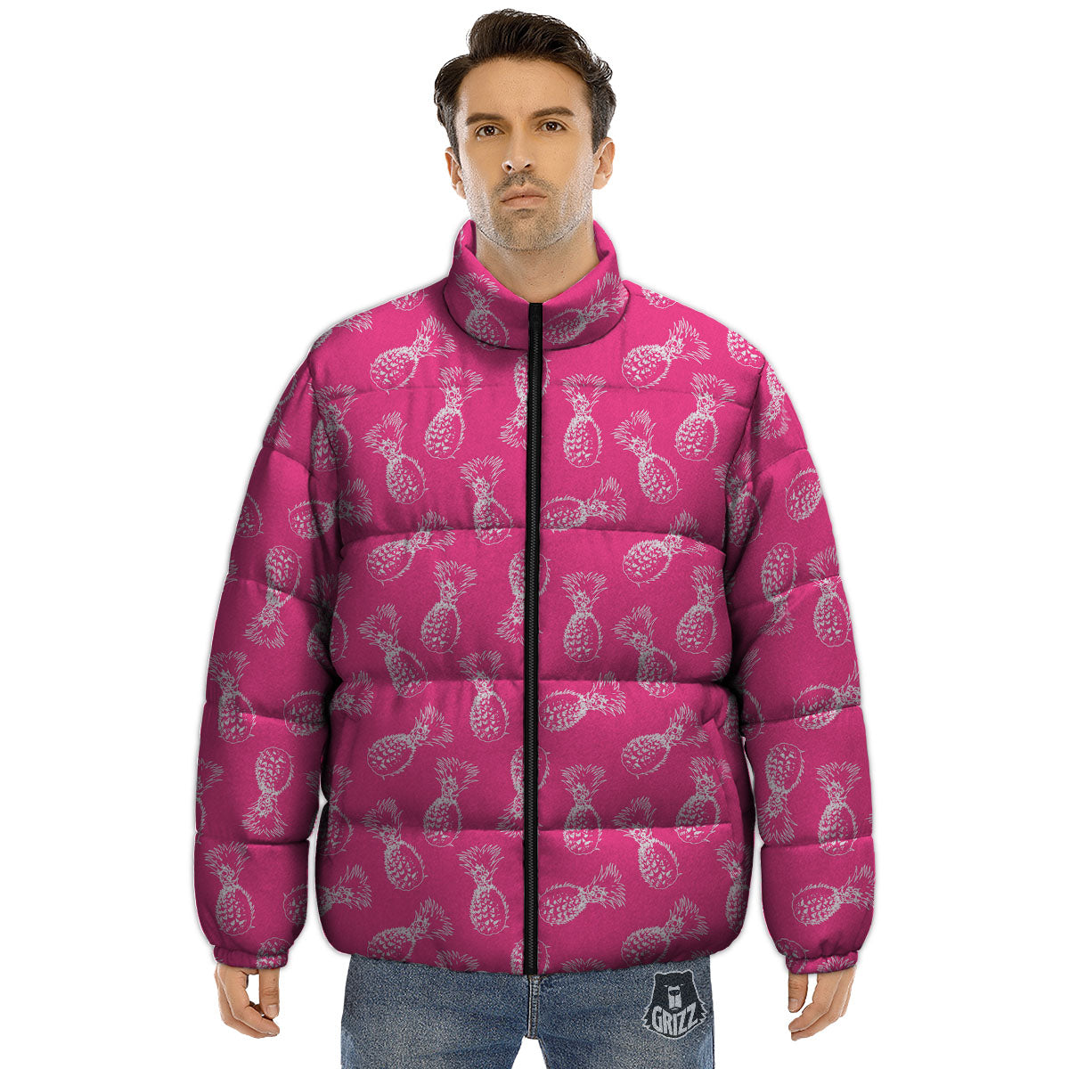 Pineapple Hot Pink Print Pattern Puffer Jacket-grizzshop