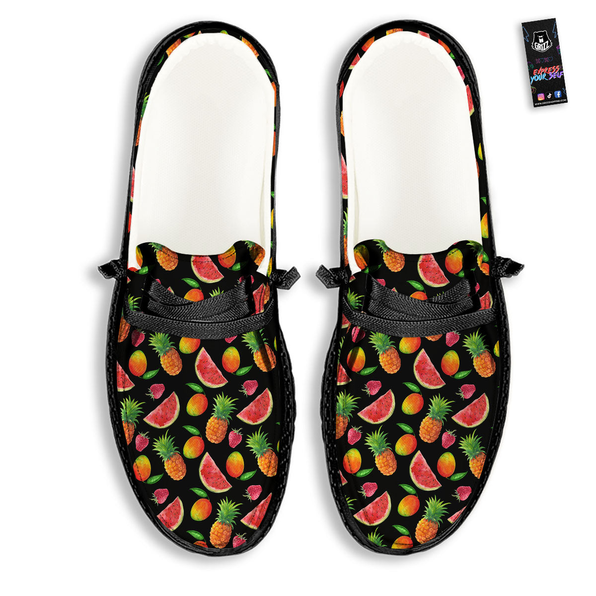 Pineapple Mix Fruit Print Pattern Black Loafers-grizzshop