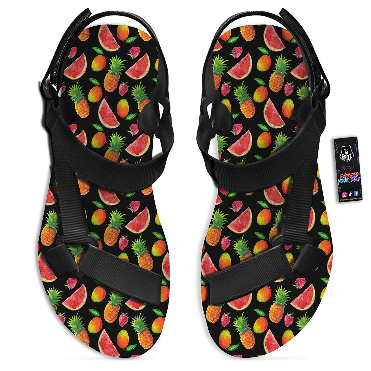 Pineapple Mix Fruit Print Pattern Black Open Toe Sandals-grizzshop