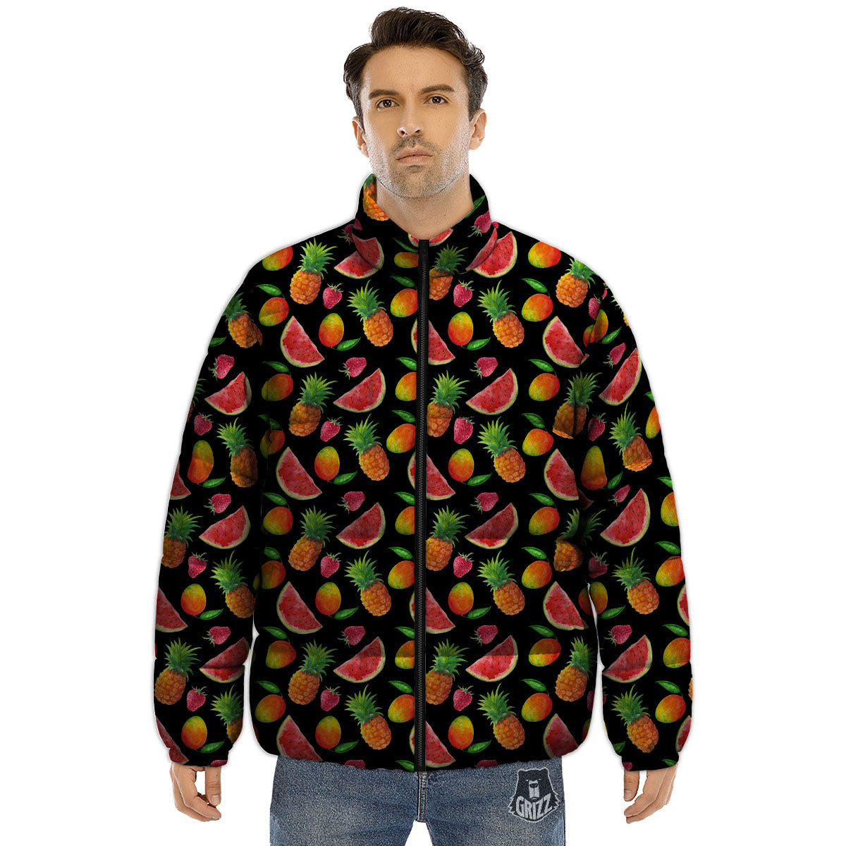 Pineapple Mix Fruit Print Pattern Puffer Jacket-grizzshop