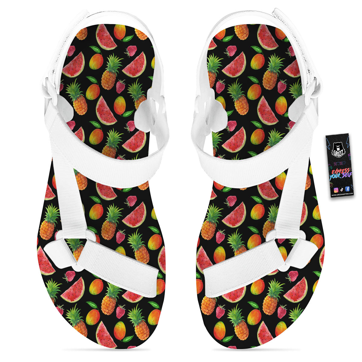 Pineapple Mix Fruit Print Pattern White Open Toe Sandals-grizzshop