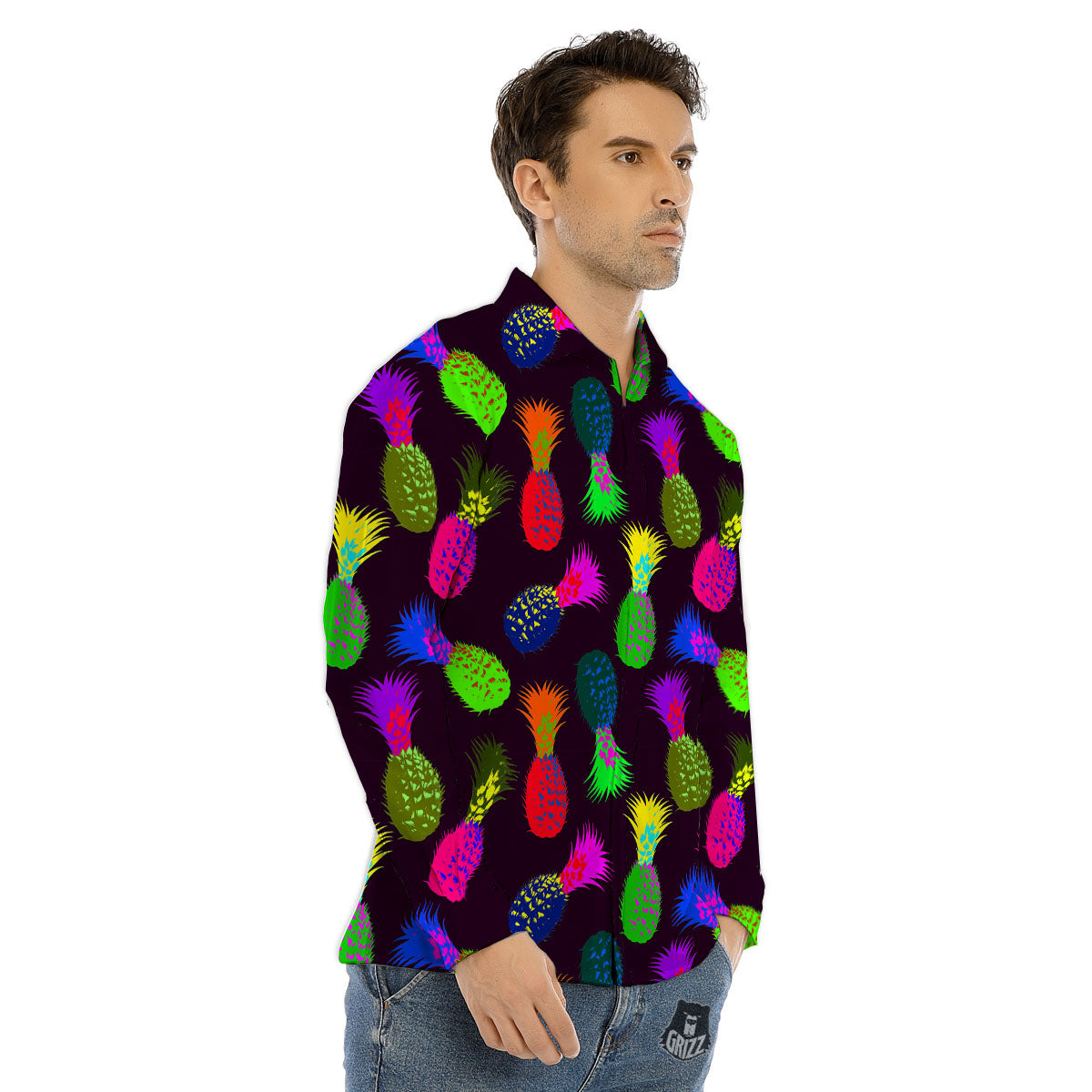 Pineapple Neon Trippy Print Pattern Men's Dress Shirts-grizzshop