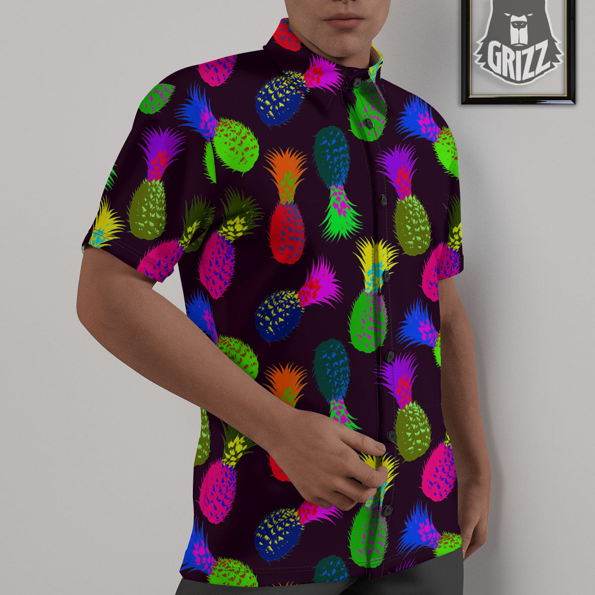 Pineapple Neon Trippy Print Pattern Untucked Shirts-grizzshop