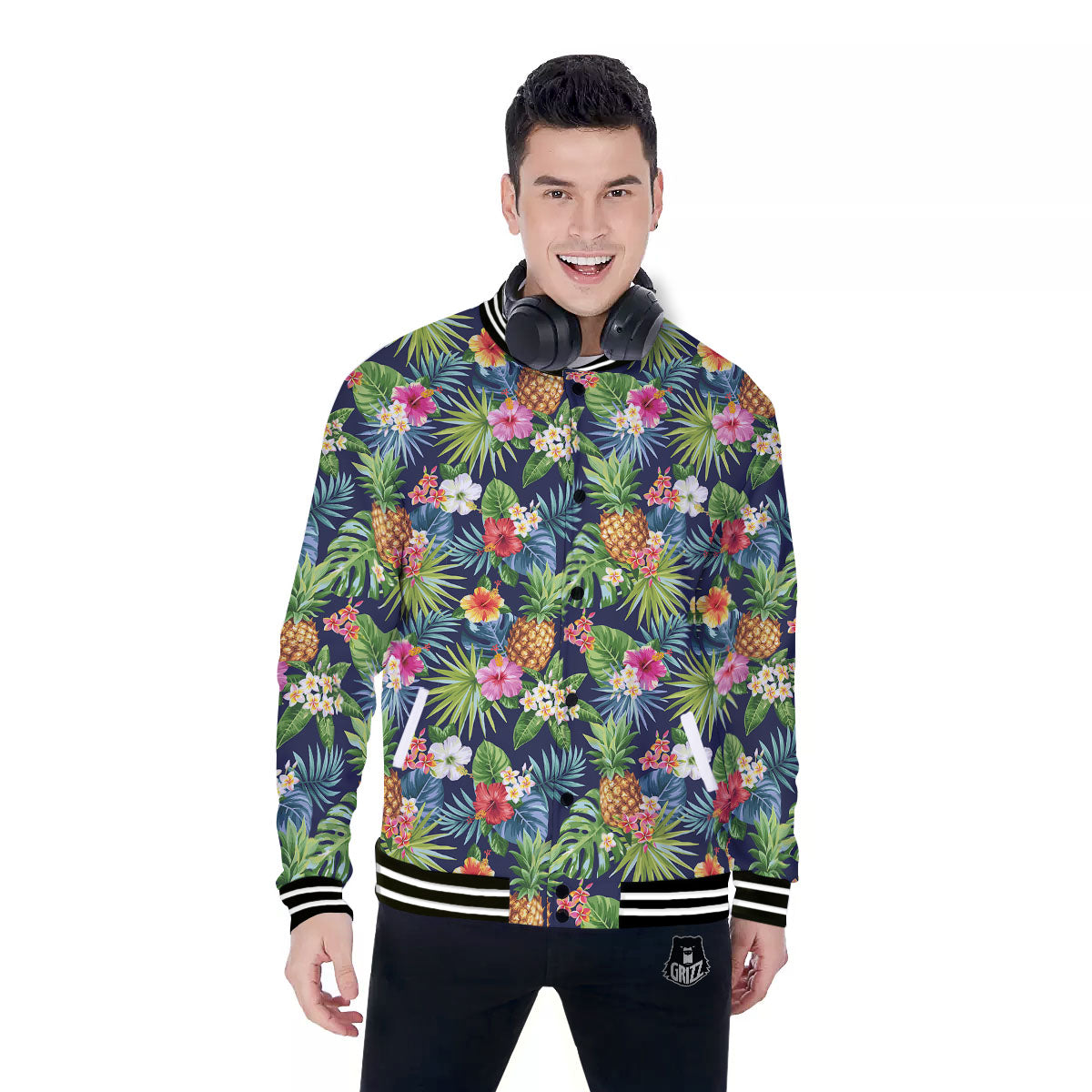 Pineapple Palm Leaf Print Pattern Baseball Jacket-grizzshop