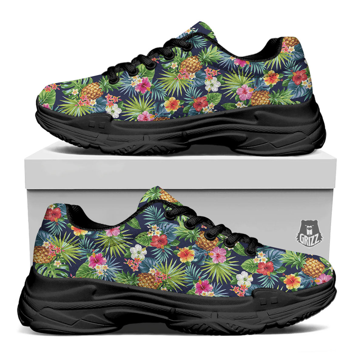 Pineapple Palm Leaf Print Pattern Black Chunky Shoes-grizzshop