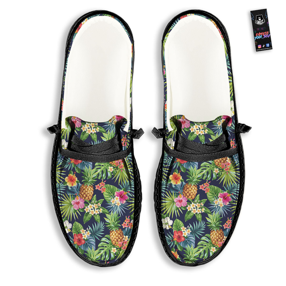 Pineapple Palm Leaf Print Pattern Black Loafers-grizzshop