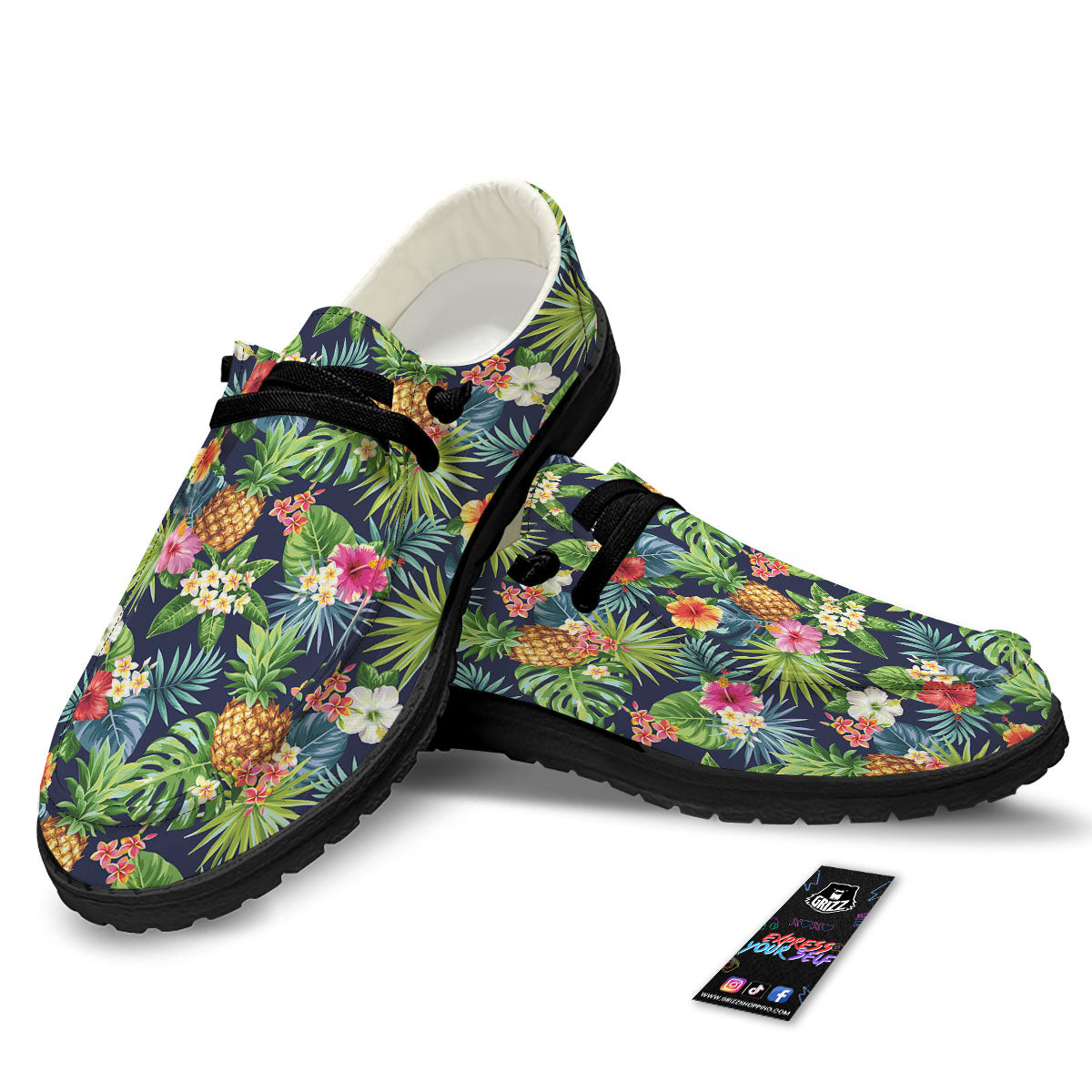 Pineapple Palm Leaf Print Pattern Black Loafers-grizzshop