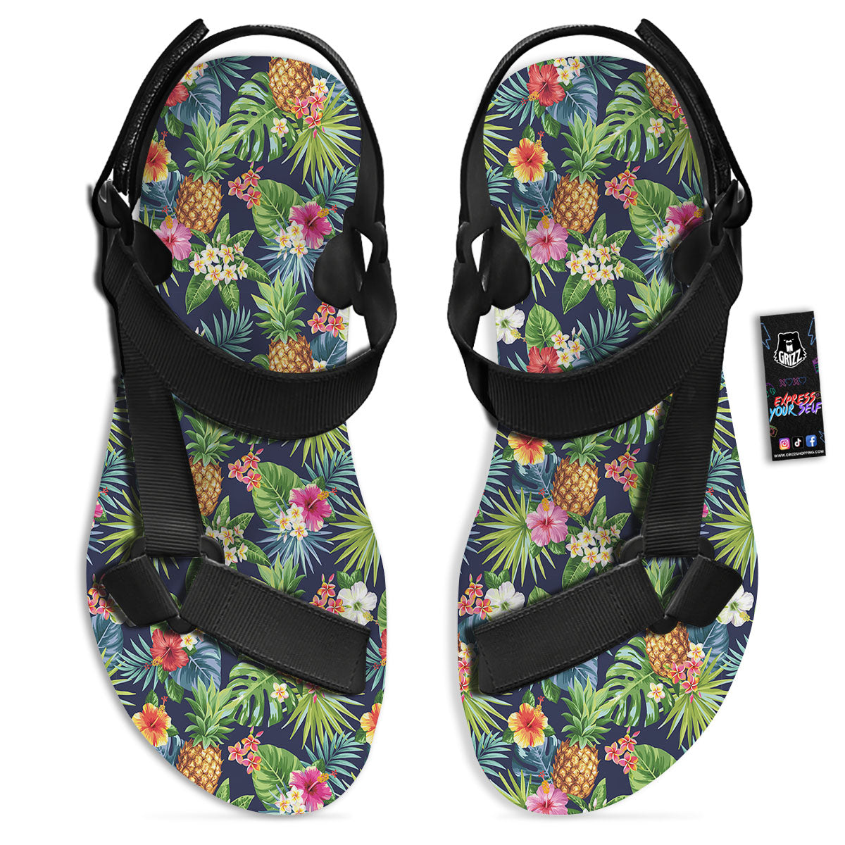 Pineapple Palm Leaf Print Pattern Black Open Toe Sandals-grizzshop