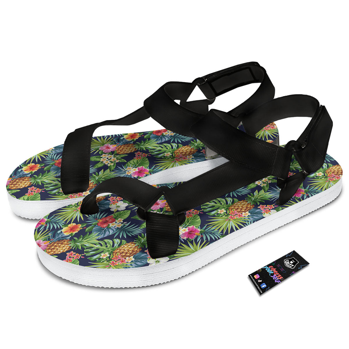 Pineapple Palm Leaf Print Pattern Black Open Toe Sandals-grizzshop