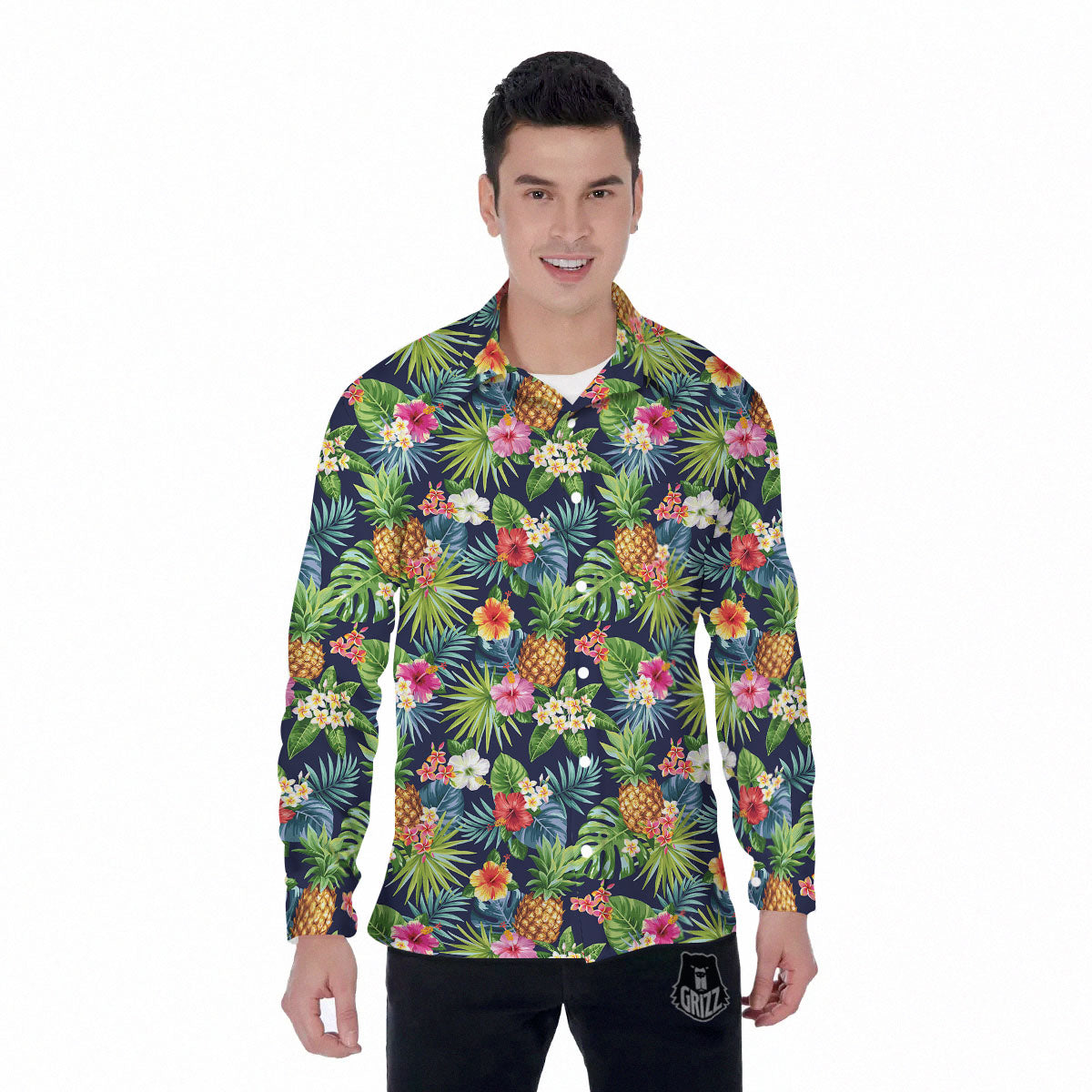 Pineapple Palm Leaf Print Pattern Men's Long Sleeve Shirts-grizzshop