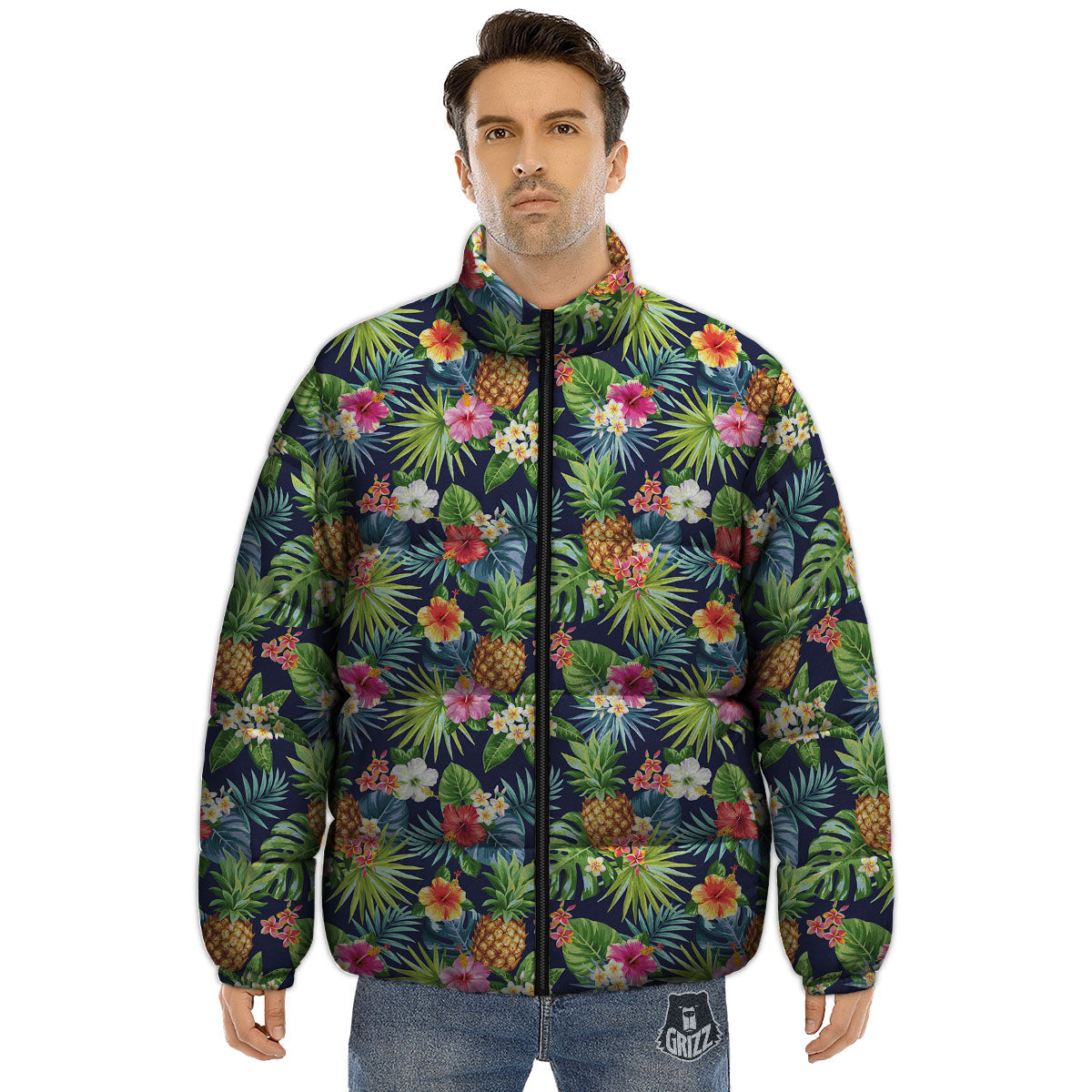 Pineapple Palm Leaf Print Pattern Puffer Jacket-grizzshop