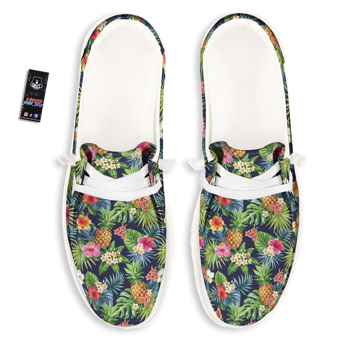 Pineapple Palm Leaf Print Pattern White Loafers-grizzshop