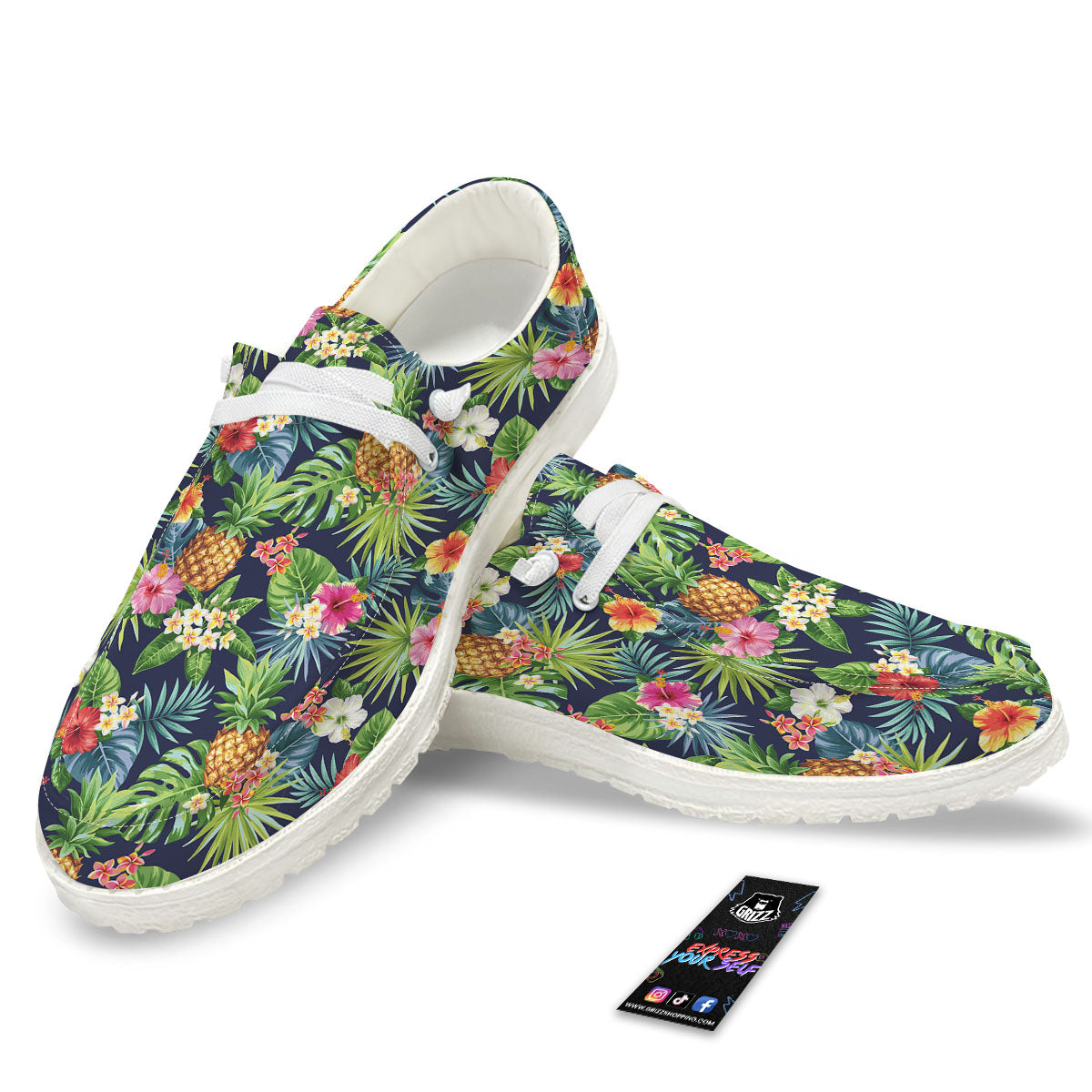 Pineapple Palm Leaf Print Pattern White Loafers-grizzshop